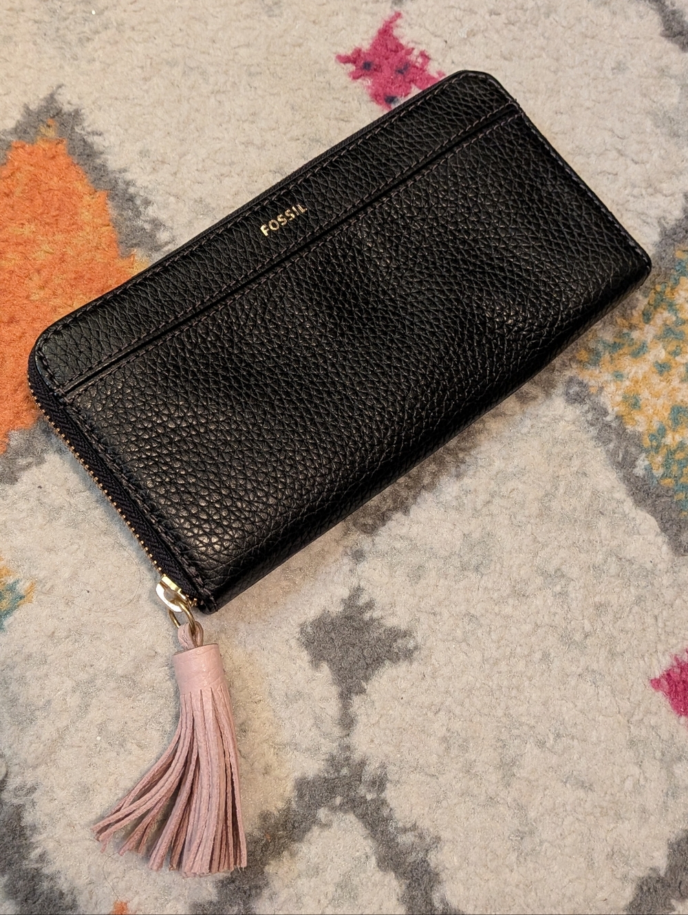Fossil Black Pebbled Leather Zip Wallet with Light Pink Tassel